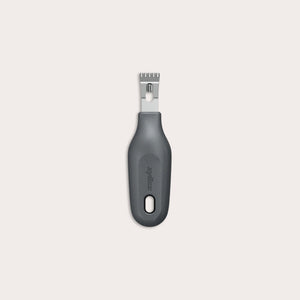 The Zyliss 2-In-1 Zester, made of stainless steel with a black ergonomic handle and a hole at the base, is an eco-friendly kitchen tool shown against a plain light background. 