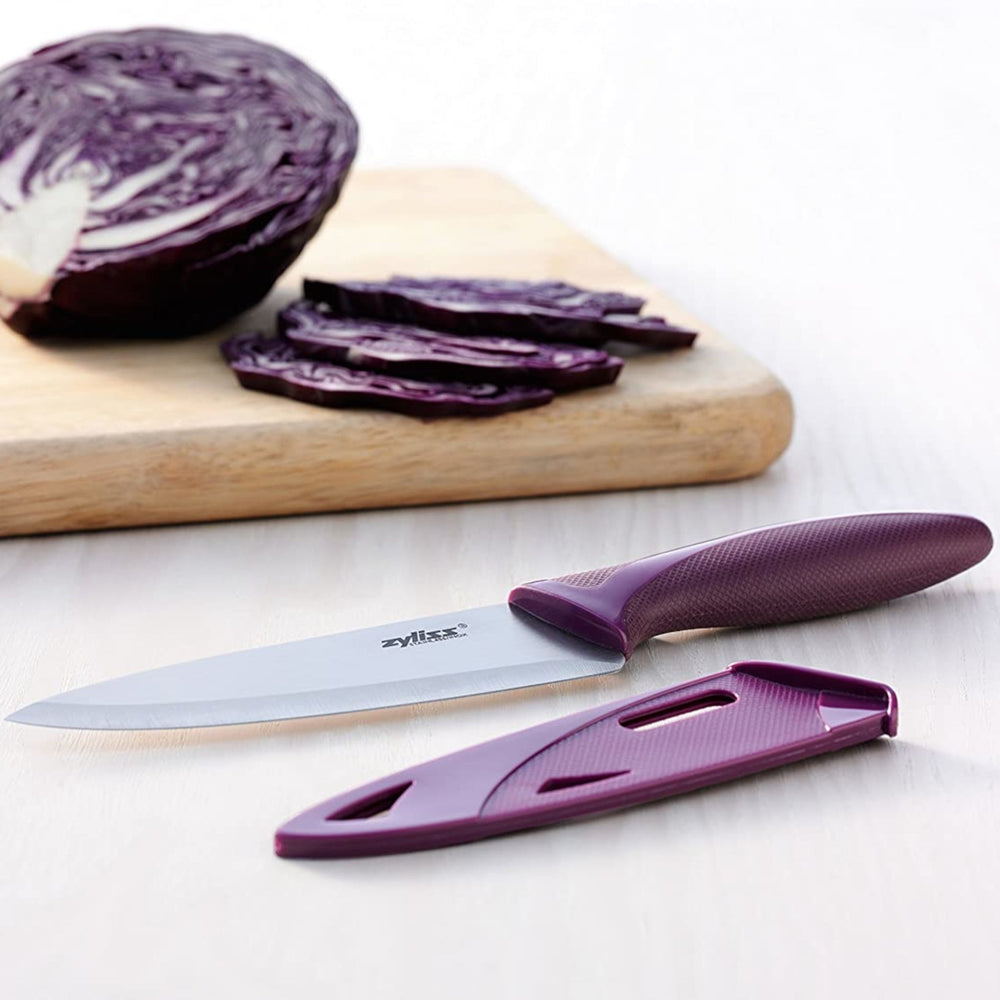The Zyliss 3 Piece Knife Set includes three knives in green, red, and purple with matching blade covers—versatile essentials for any kitchen. 