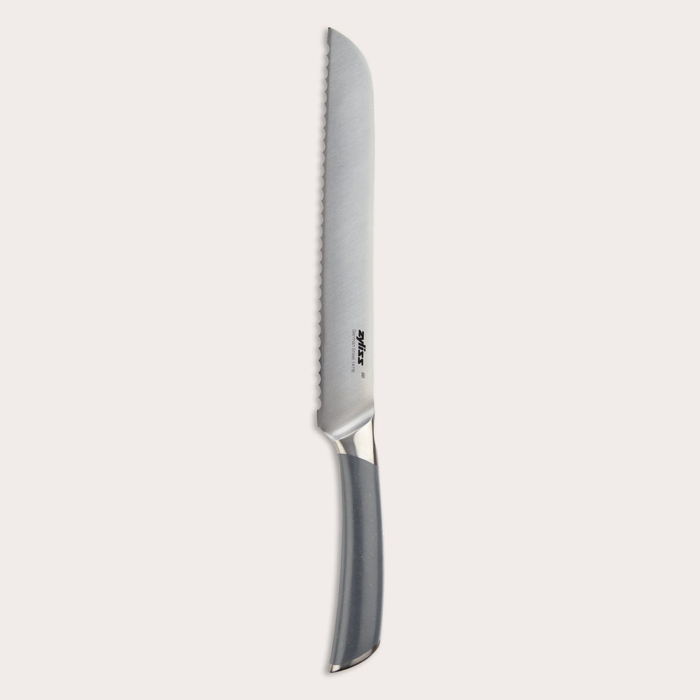 The Zyliss Comfort Pro Bread Knife 21.5cm features a German stainless steel serrated silver blade and a gray and silver handle, shown against a plain light background.