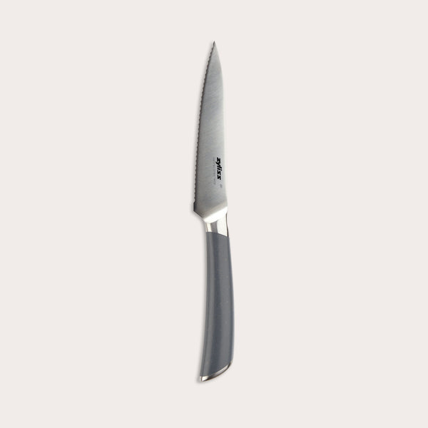 The Zyliss Comfort Pro Serrated Paring Knife 11.5cm features a German stainless steel silver blade and ergonomic gray handle, displayed against a plain light background.