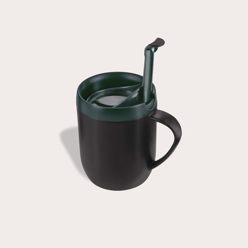 The Zyliss Hot Mug Cafetière Mug is a black travel mug with a handle, dark green lid, and matching spoon nestled inside. Its double-wall insulation keeps drinks hot or cold—perfect for coffee lovers on the go. #grey