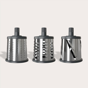 #drumgraterset The Zyliss Gourmet Drum Grater includes three interchangeable stainless steel attachments with plastic tops for fine grating, coarse grating, and slicing—a versatile cheese grater set for any kitchen.