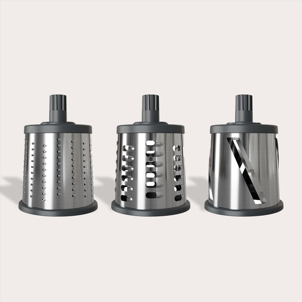 #drumgraterset The Zyliss Gourmet Drum Grater includes three interchangeable stainless steel attachments with plastic tops for fine grating, coarse grating, and slicing—a versatile cheese grater set for any kitchen.