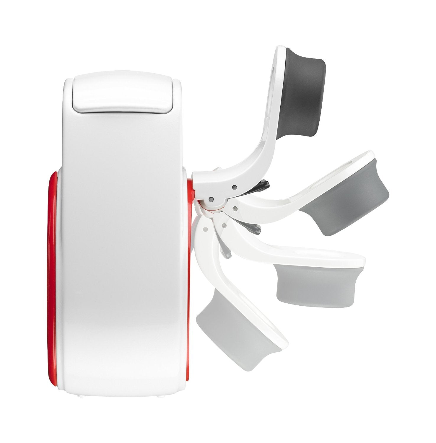 A modern white and red device with a handle that can be adjusted to multiple positions, shown in four different angles, illustrating its adjustable arm mechanism against a white background.