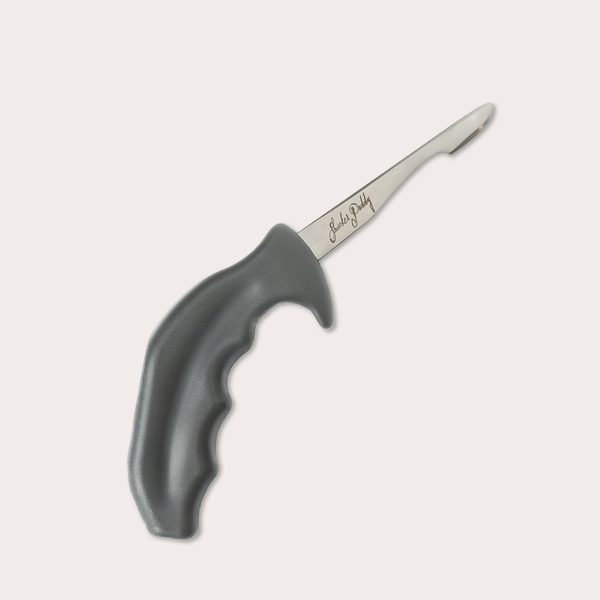 The Zyliss Oyster Knife Shucker Paddy features a metal hook blade, curved ergonomic black handle, and engraved signature—ideal for precise oyster shucking. Shown against a plain white background.