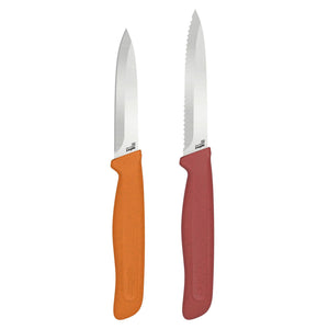 The Zyliss Classic 2 Piece Paring Knife Set features stainless steel blades, ergonomic handles—one orange with a straight edge and one red with a serrated edge—making them perfect for all your kitchen tasks.