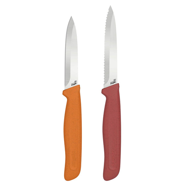 The Zyliss Classic 2 Piece Paring Knife Set features stainless steel blades, ergonomic handles—one orange with a straight edge and one red with a serrated edge—making them perfect for all your kitchen tasks.