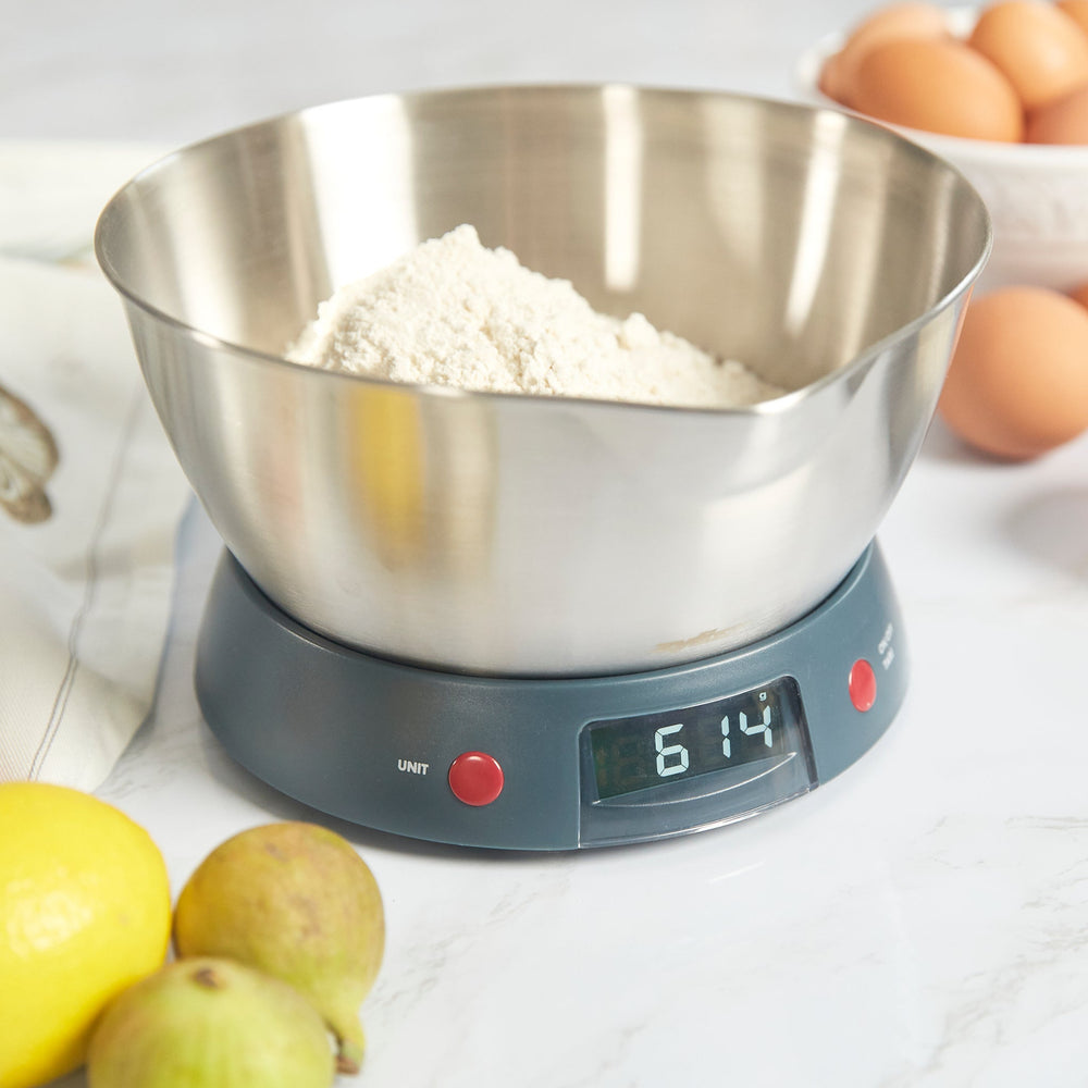 The Zyliss Digital Kitchen Scales offer a high-precision sensor, easy-read display, stainless steel bowl, red power button, and tare function for accurate measurements. 