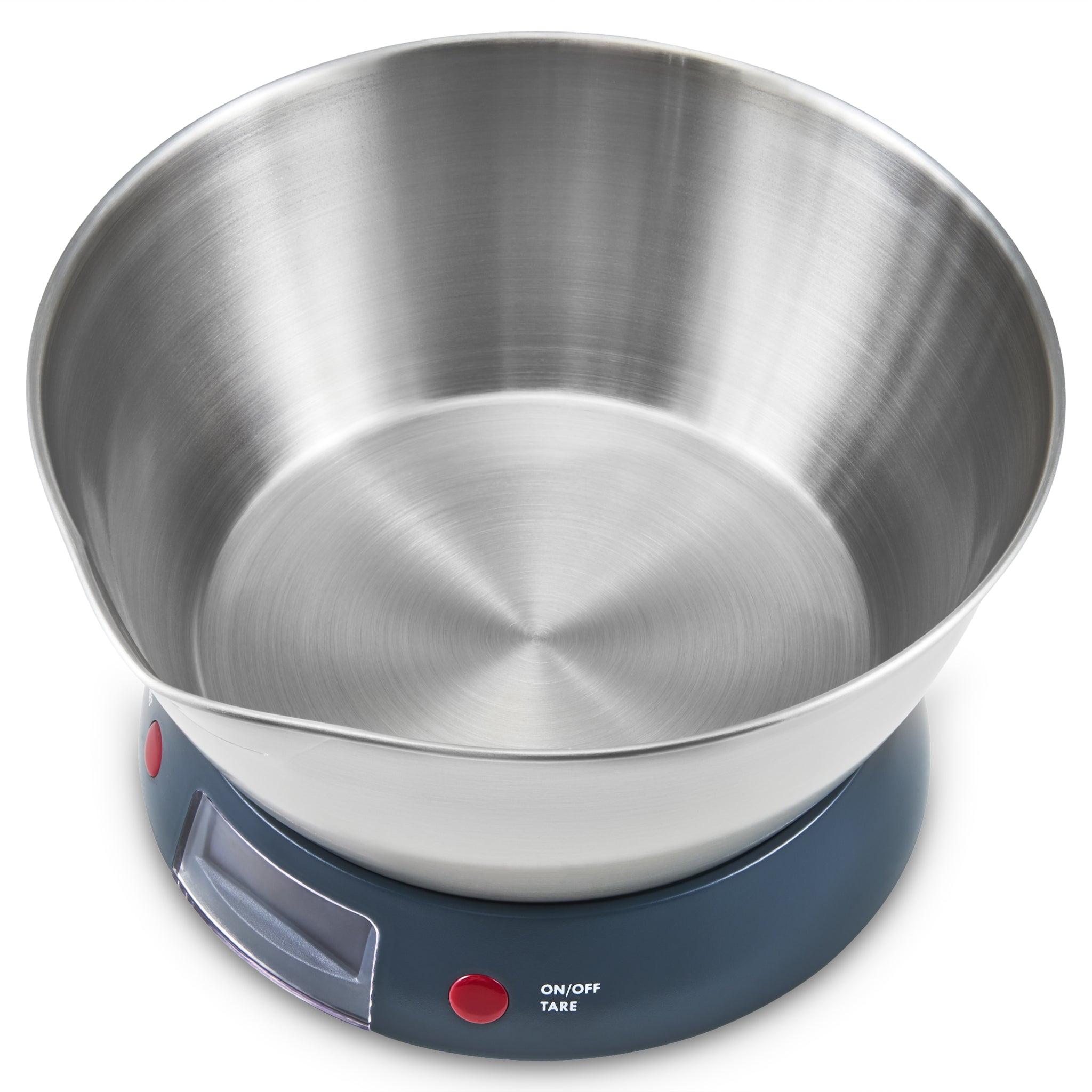 A digital kitchen scale with a large stainless steel bowl on top, featuring an LCD display and red on/off tare button on the dark base.