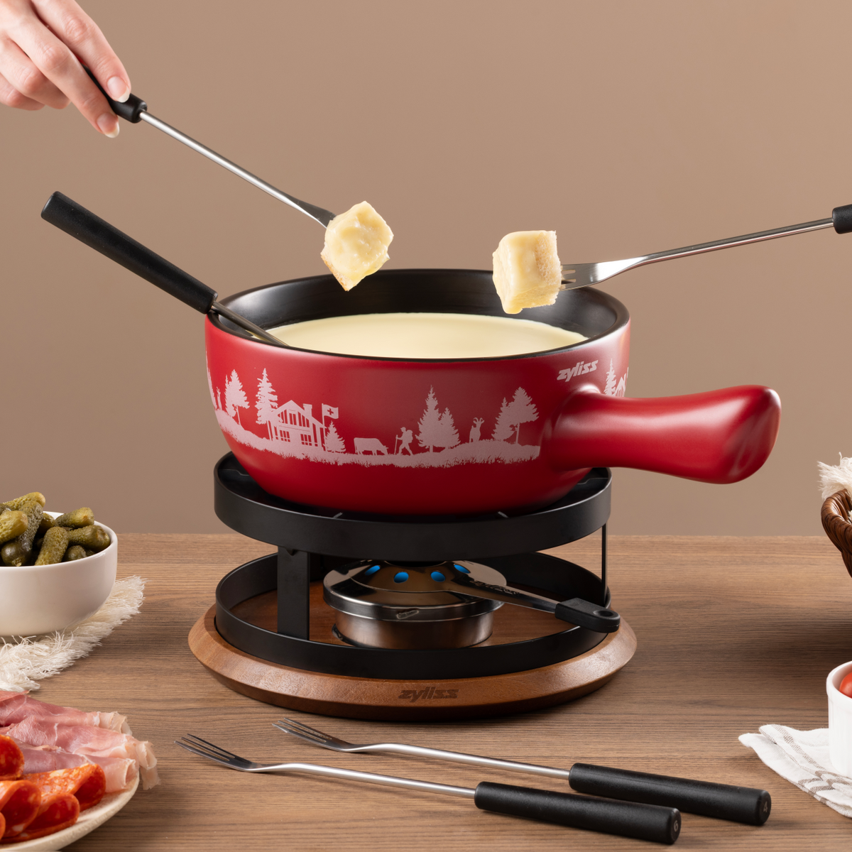 Zyliss 6 Piece Cheese Fondue Fork Set — in use