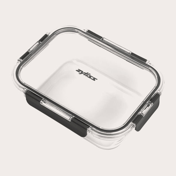 #1.52L/1.61qt The Zyliss 3-Piece Set Glass Container Set features clear rectangular containers with black sealing rims and latches, a Zyliss logo on the lid, and a leak-proof design to keep your food fresh and secure.