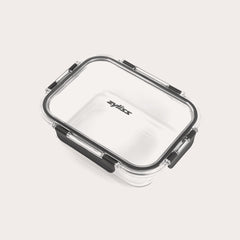 #1.05L/1.1qt The Zyliss 3-Piece Set Glass Container Set features clear rectangular borosilicate glass containers with black locking clips and transparent, leak-proof lids. The Zyliss logo is displayed at the center of each lid.