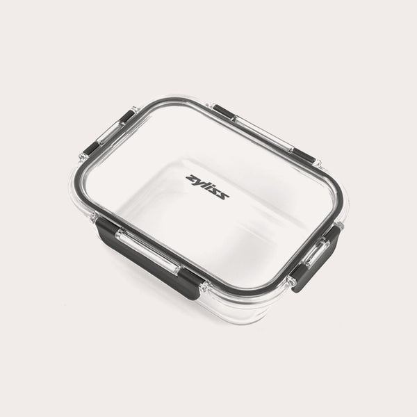 #1.05L/1.1qt The Zyliss 3-Piece Set Glass Container Set features clear rectangular borosilicate glass containers with black locking clips and transparent, leak-proof lids. The Zyliss logo is displayed at the center of each lid.