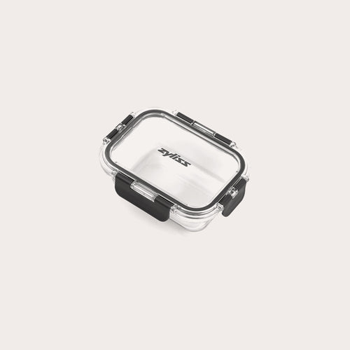 #0.37L/0.39qt A small, clear rectangular Zyliss Glass Container with a black latch on the front and sides ensures a secure seal. The lid is printed with Zyliss. Shown empty against a white background, its perfect for meal prep. 