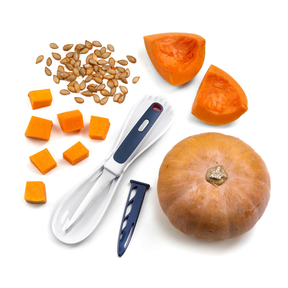 The Zyliss 3 In 1 Pumpkin & Squash Scoop & Knife set features a white plastic spork, spoon, serrated knife with black handle—ideal for pumpkin carving—and a black knife sheath, all arranged on a light background. 