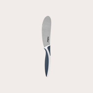 The Zyliss Comfort Spreading Knife 10.5cm / 4¼ features a stainless steel rounded blade and an ergonomic white and dark gray handle, shown on a plain light background. 