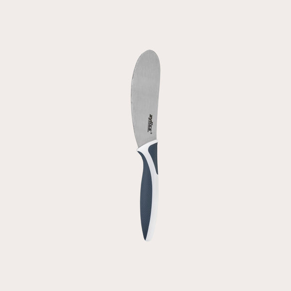 The Zyliss Comfort Spreading Knife 10.5cm / 4¼ features a stainless steel rounded blade and an ergonomic white and dark gray handle, shown on a plain light background. 